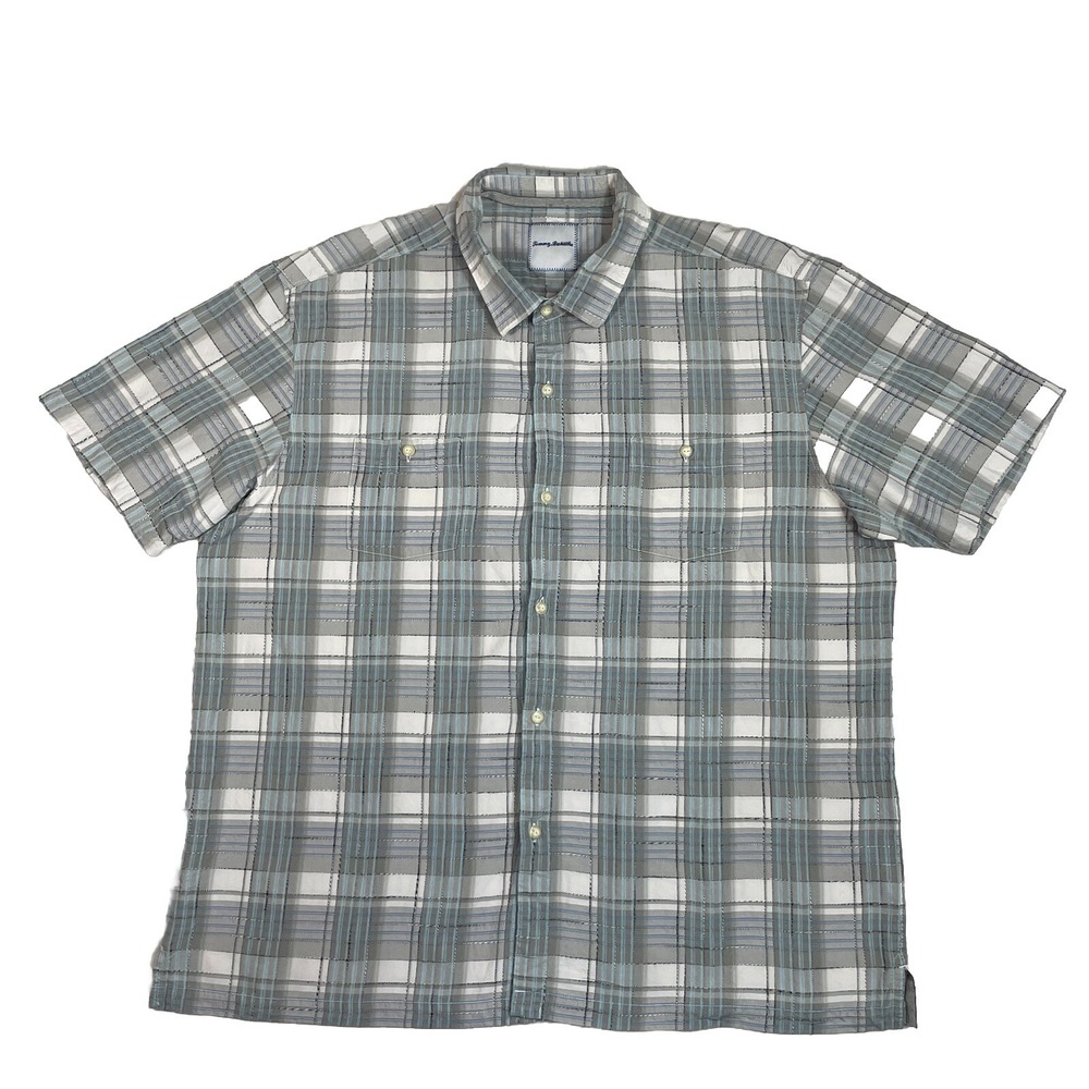 Tommy Bahama Seersucker Button Up Shirt Short Sleeve 75% Silk Multicolor 2XL*